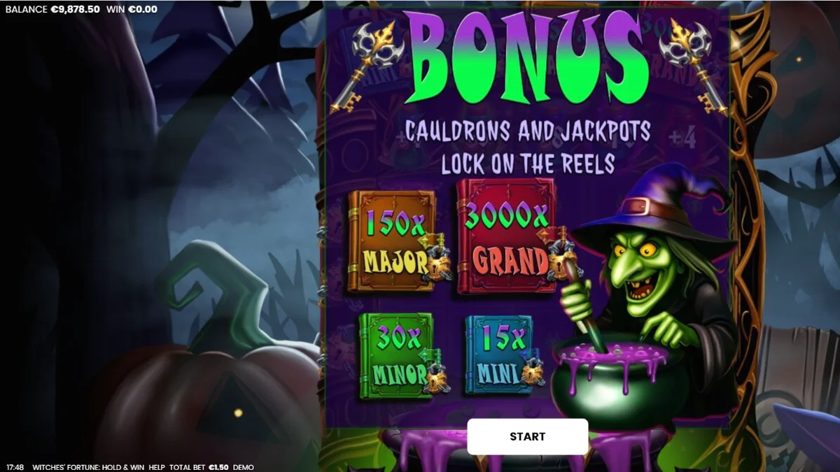 Tampilan visual slot Witches’ Fortune dengan elemen sihir dan kuali ajaib