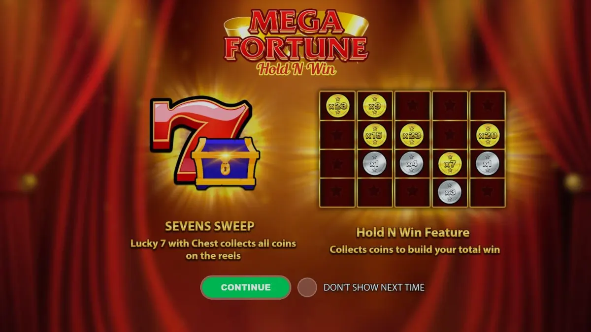 Tampilan visual slot Mega Fortune Hold ‘n’ Win dengan simbol buah klasik dan koin emas.