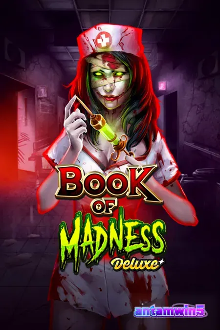 Tampilan visual slot Book of Madness Deluxe dengan tema horor rumah sakit jiwa